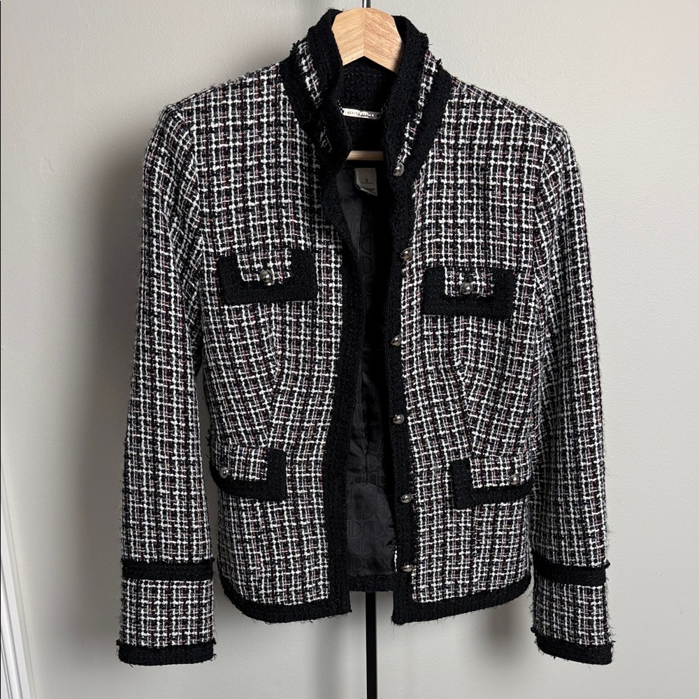 White House Black Market Black White Red Tweed Blazer / Jacket w/ Silver Buttons - Picture 3 of 17